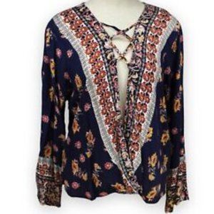 BLUE RAIN Boho Floral Criss Cross Open Front Top EUC sz M